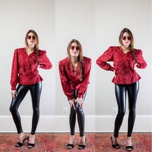 NICOLA Red Long Sleeve V-Neck Shoulder Pad Blouse